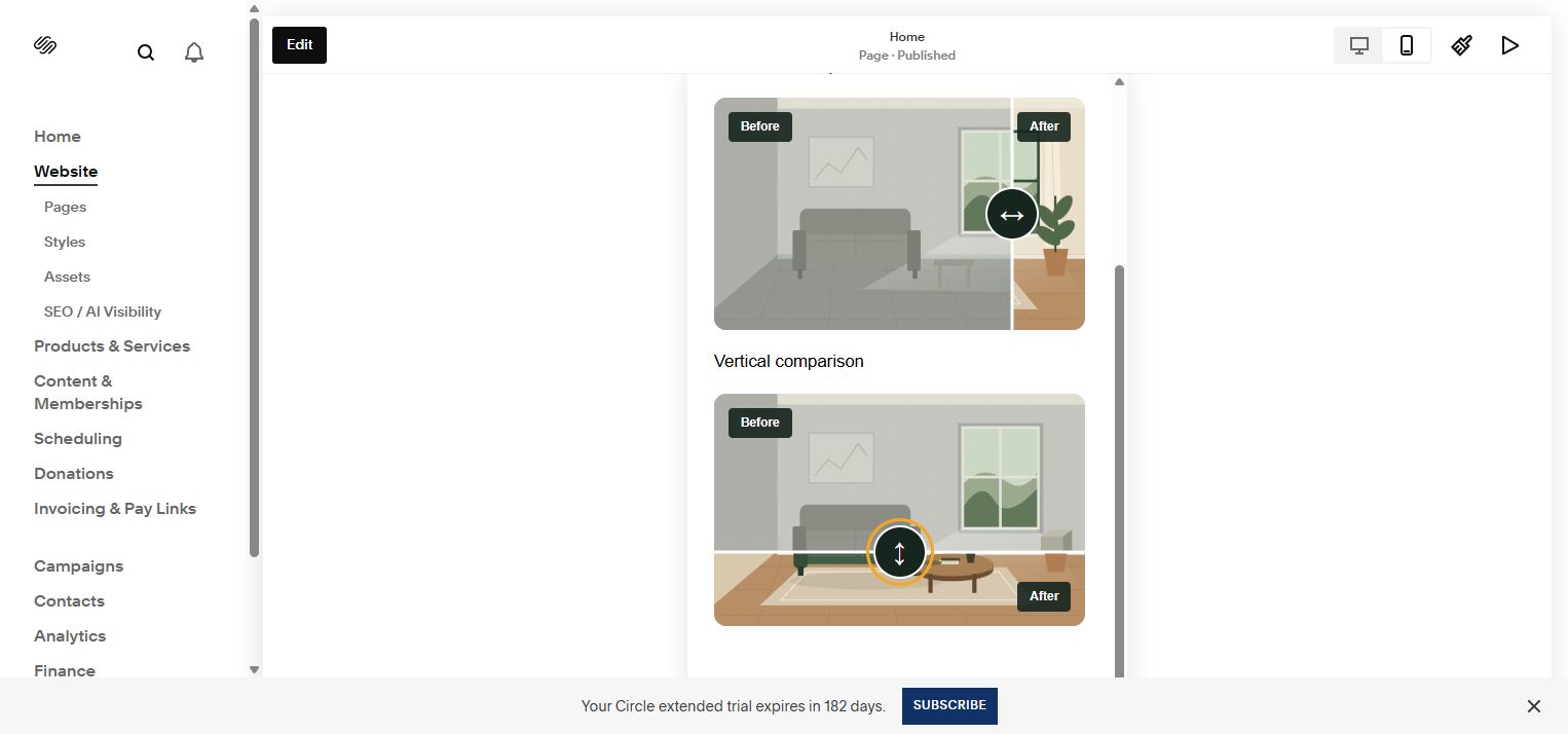 Squarespace mobile preview showing the installed horizontal and vertical comparison sliders, with the vertical handle focused.