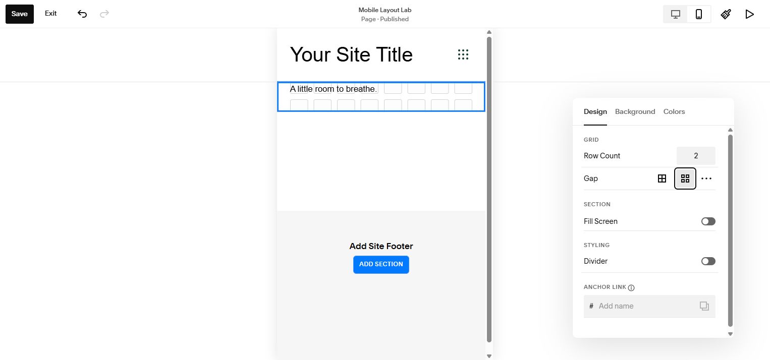 Our Squarespace 7.1 mobile editor with Row Count set to 2 and Fill Screen off beside the selected text section.